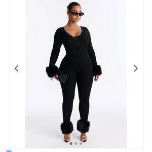 NWTS Lana Fur Trim Lace Up Long Sleeve Jumpsuit - Black